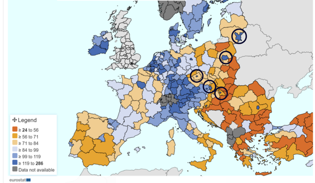 Chart showing GDP per-capita across EU regions, with five Eastern European capitals with high GDP per capita circled.