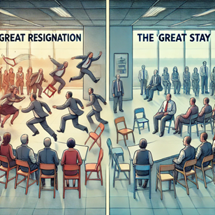 Image illustrating how the Great Resignation was like a game of musical chairs and the Great Stay has changed that. Workers were jumping from job to job during the Great Resignation, and are now staying put. 